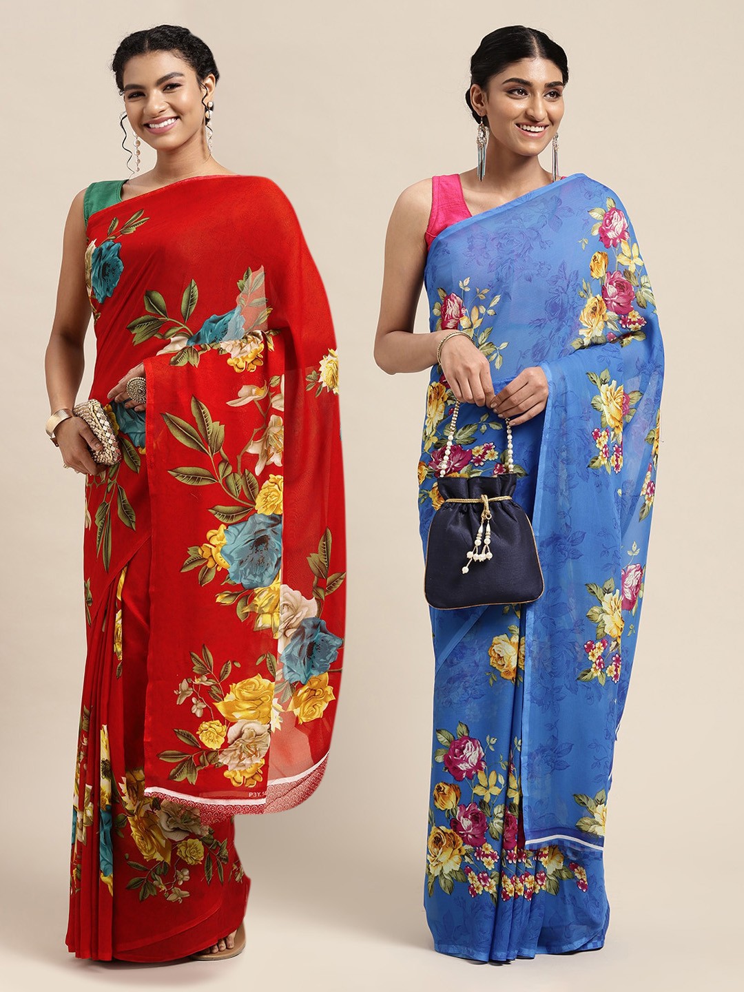 

KALINI Red & Blue Floral Saree