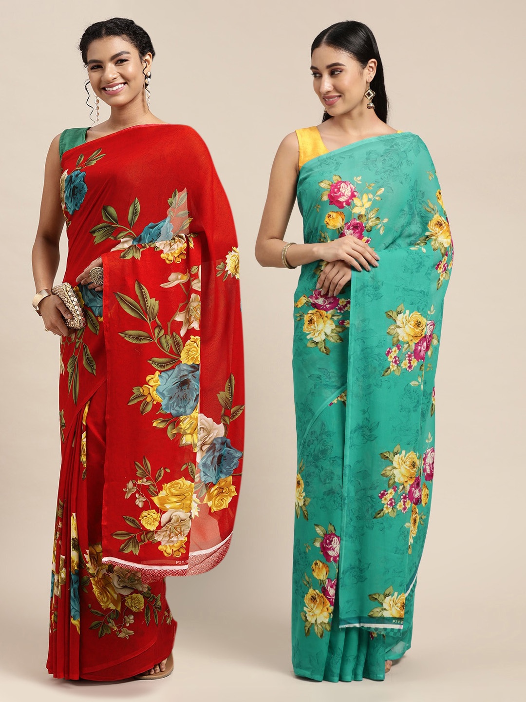 

KALINI Red & Green Floral Saree