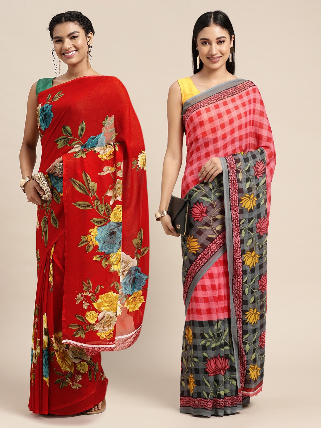 

KALINI Red & Pink Floral Pure Georgette Saree