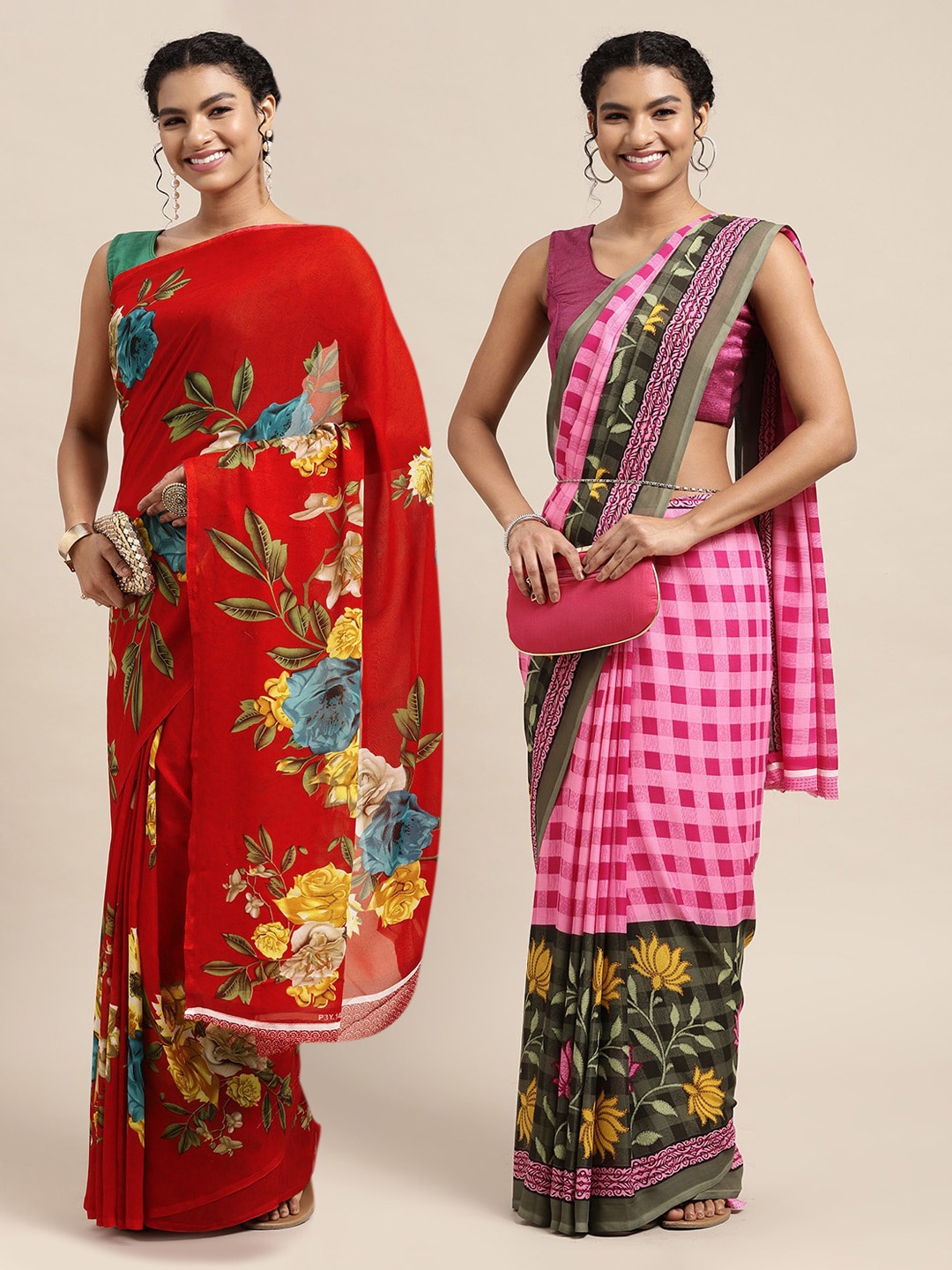 

KALINI Red & Pink Floral Pure Georgette Saree