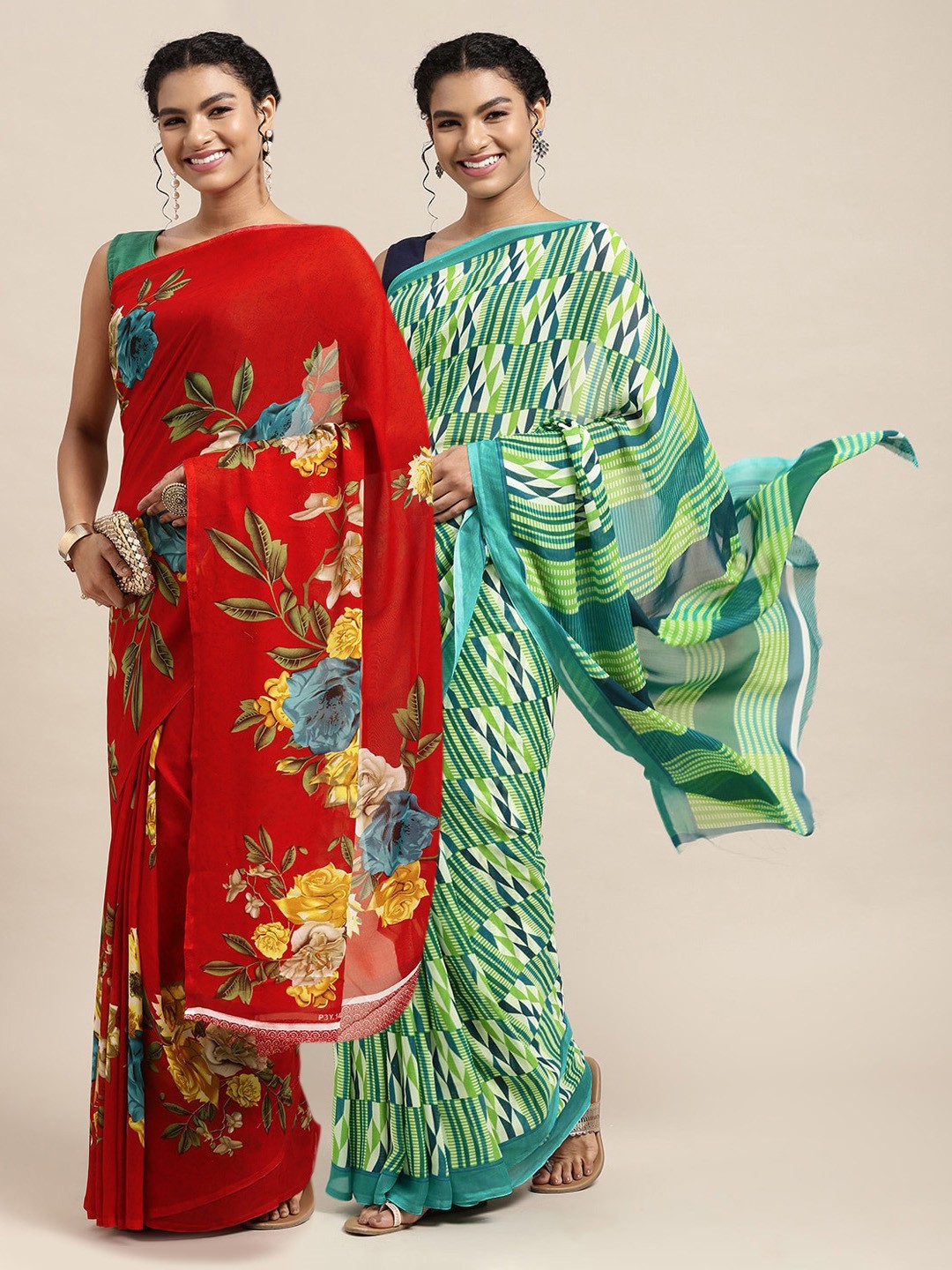 

KALINI Red & Green Printed Pure Georgette Saree