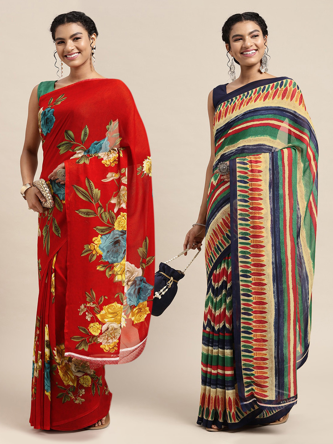 

KALINI Red & Navy Blue Printed Pure Georgette Saree