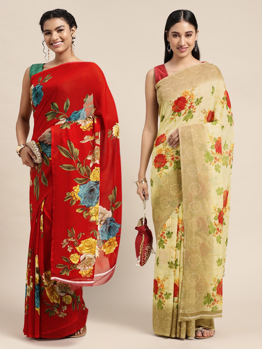 

KALINI Red & Floral Pure Georgette Saree
