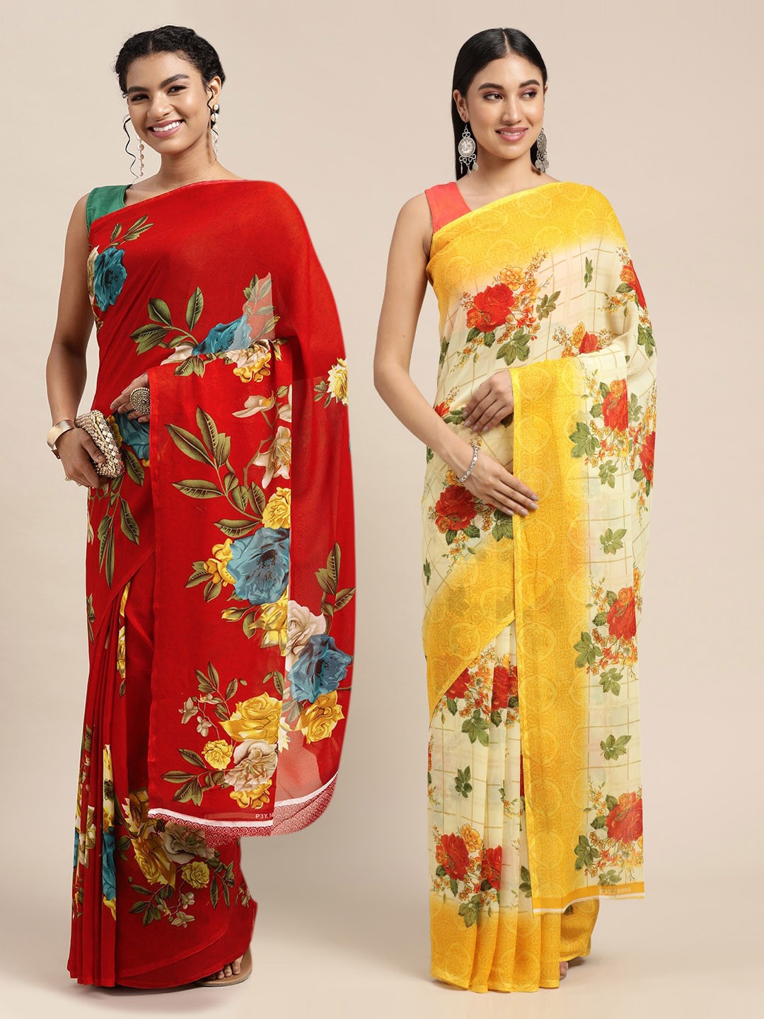 

KALINI Red & Beige Floral Pure Georgette Saree