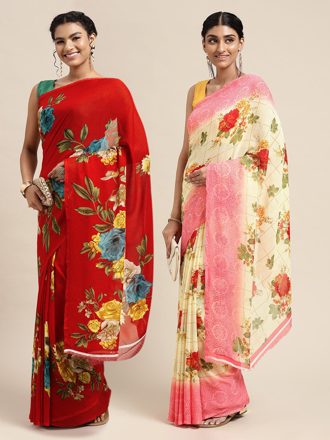 

KALINI Red & Cream Floral Pure Georgette Saree