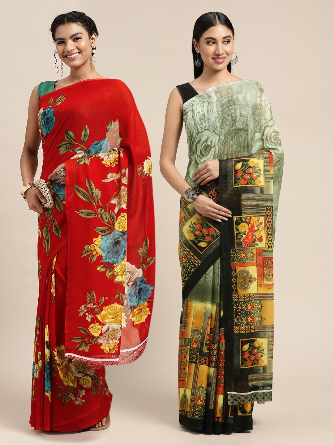 

KALINI Red & Green Floral Pure Georgette Saree