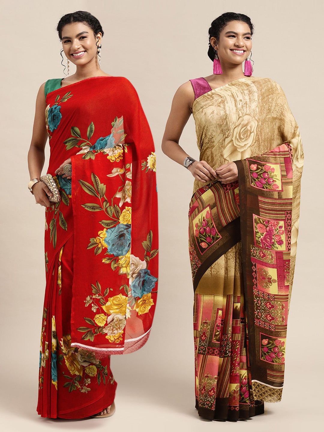 

KALINI Red & Brown Floral Pure Georgette Saree