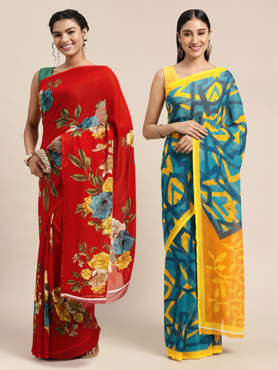 

KALINI Red & Blue Printed Pure Georgette Saree