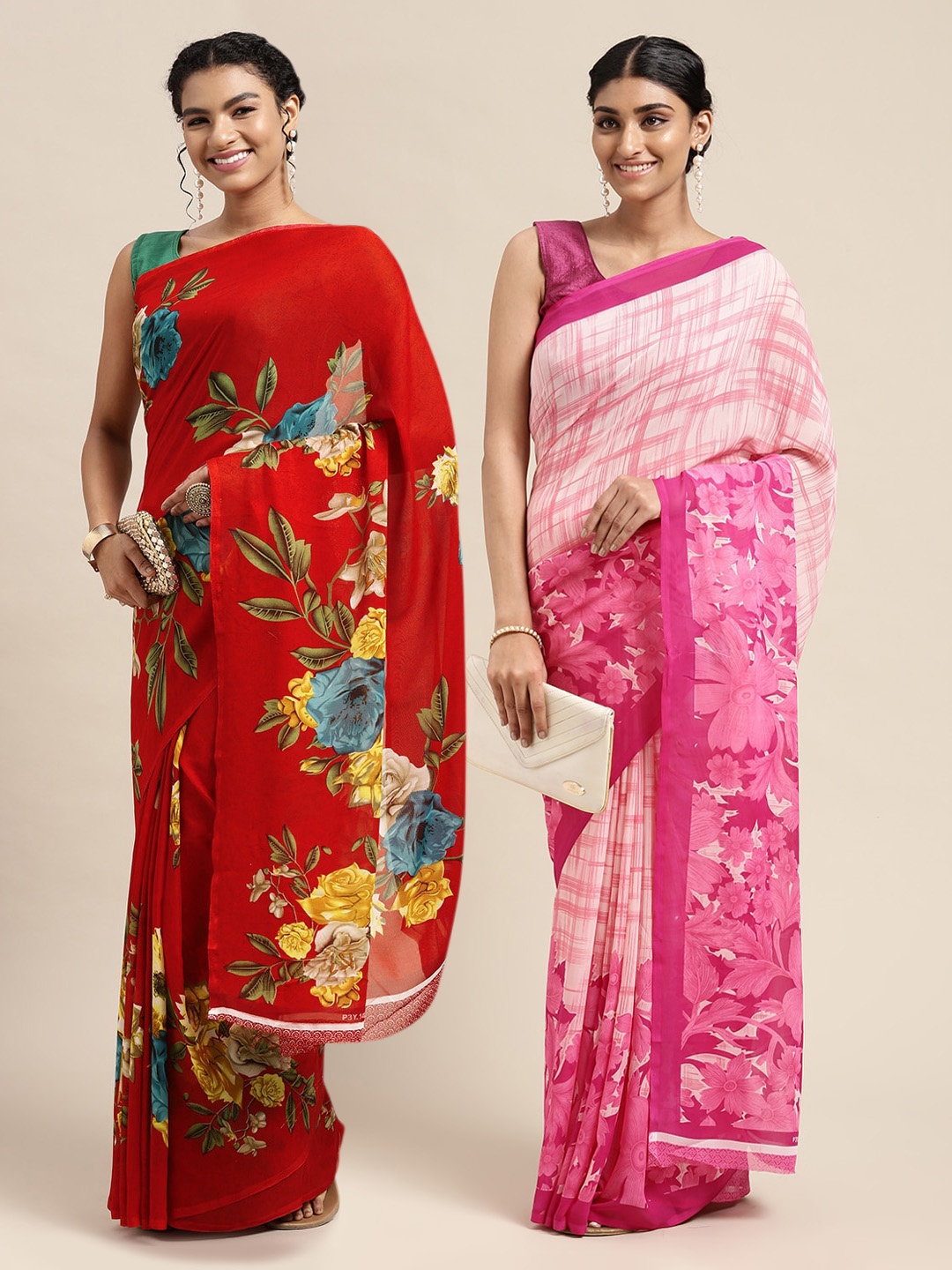 

KALINI Red & Pink Floral Pure Georgette Saree