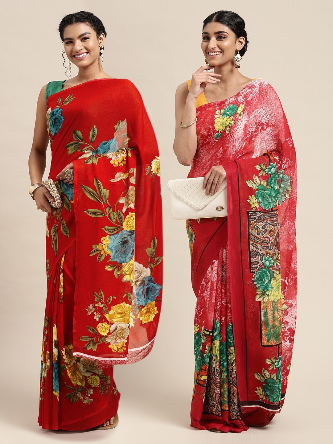 

KALINI Red Floral Pure Georgette Saree