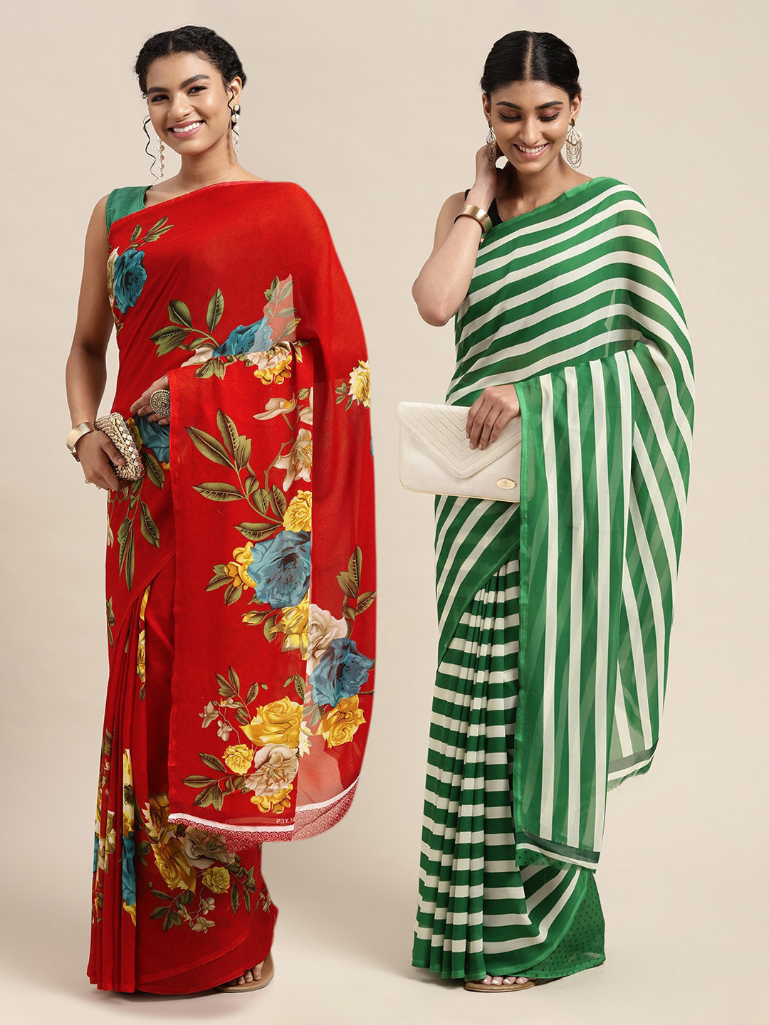 

KALINI Red & Green Printed Pure Georgette Saree Pack Of 2