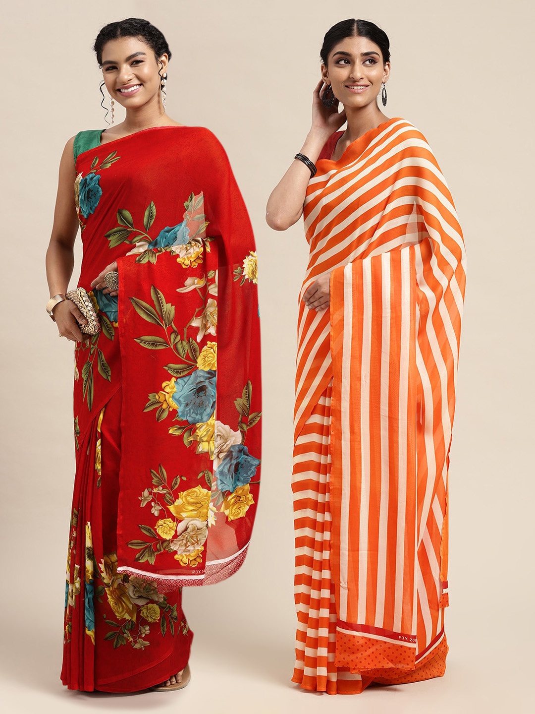 

KALINI Red & Orange Printed Pure Georgette Saree