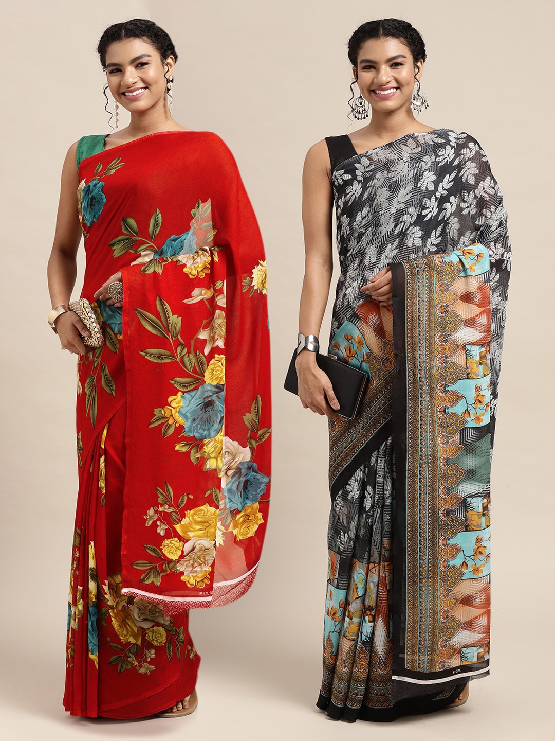 

KALINI Red & Black Floral Pure Georgette Saree