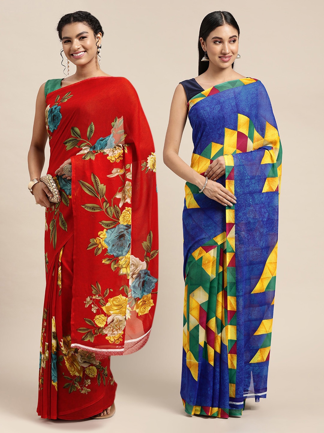 

KALINI Red & Blue Printed Pure Georgette Saree