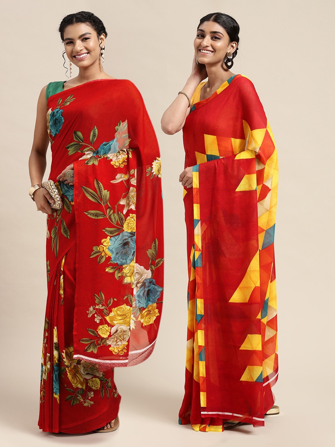 

KALINI Red Printed Pure Georgette Saree