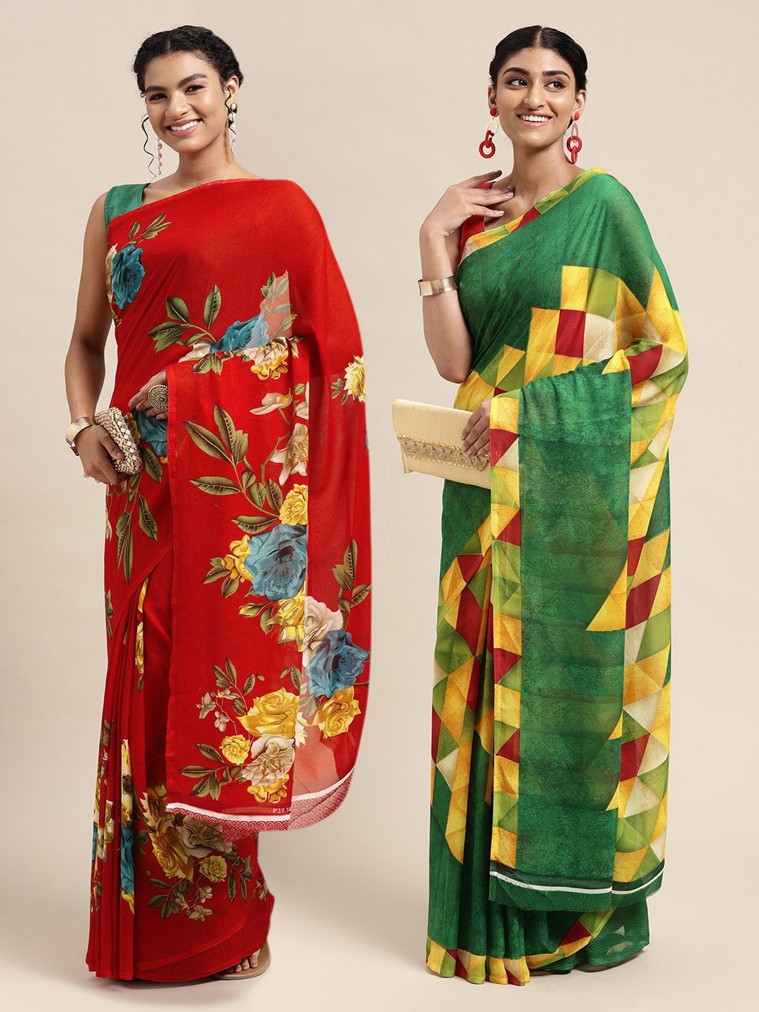 

KALINI Red & Green Printed Pure Georgette Saree