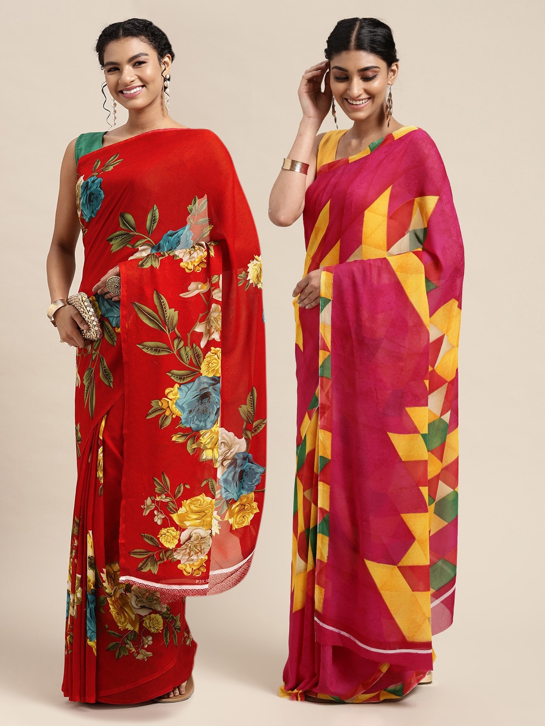 

KALINI Red & Pink Printed Pure Georgette Saree