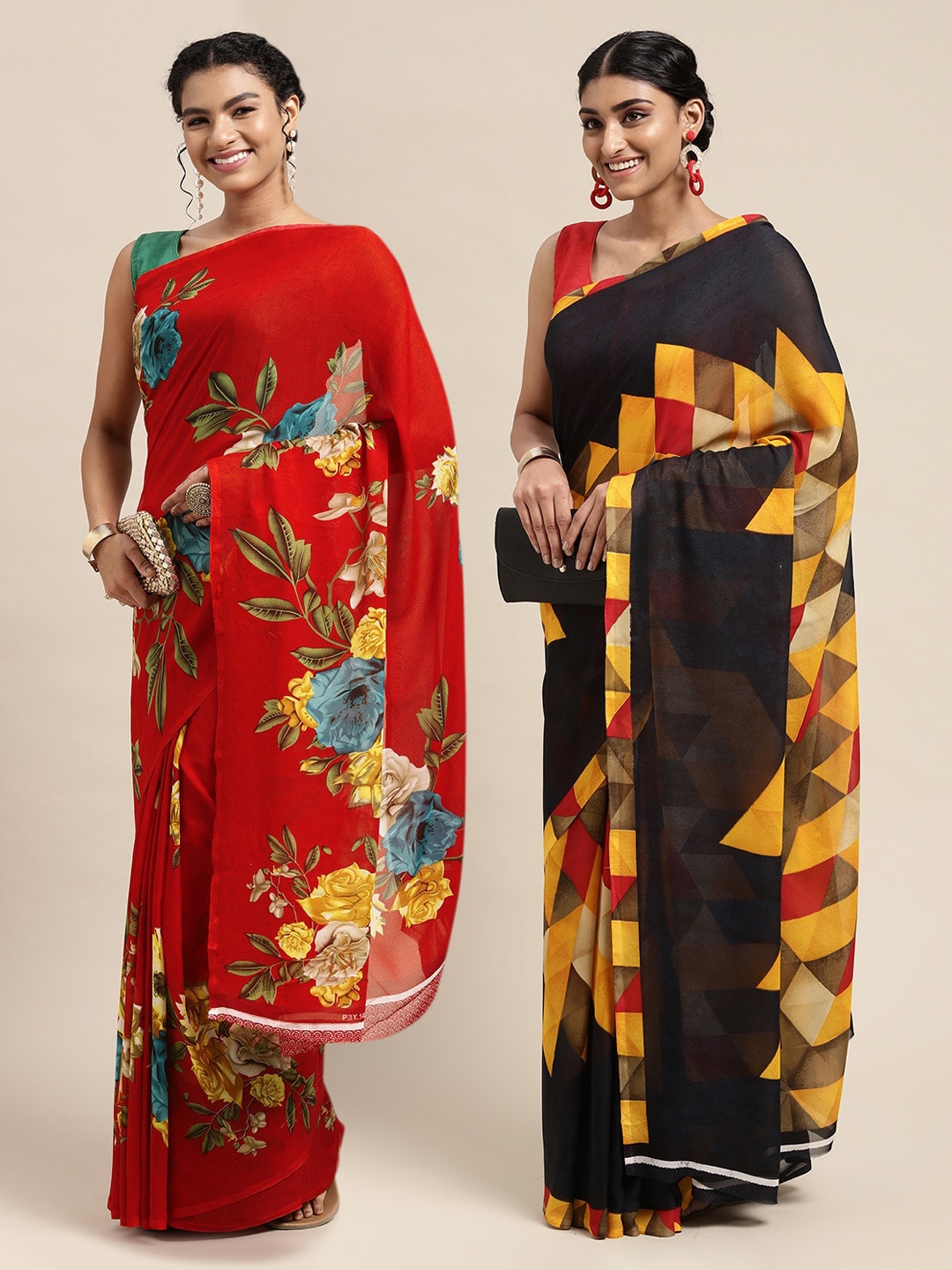 

KALINI Red & Black Printed Pure Georgette Saree