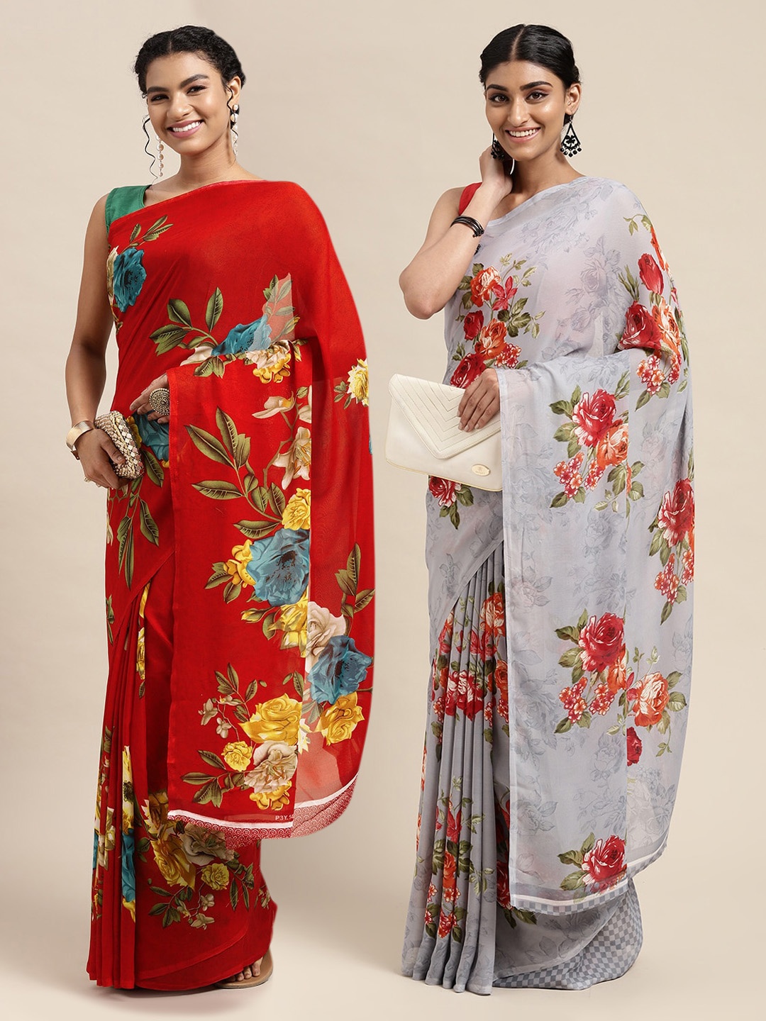 

KALINI Red & Grey Floral Pure Georgette Saree