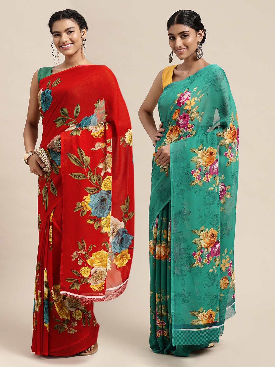 

KALINI Red & Green Floral Pure Georgette Saree