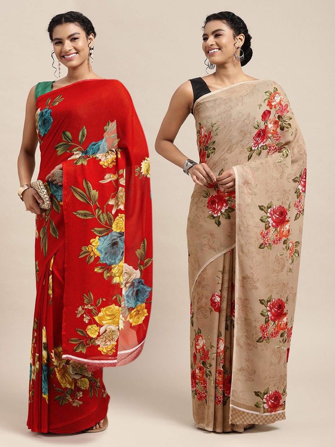 

KALINI Red & Beige Floral Pure Georgette Saree