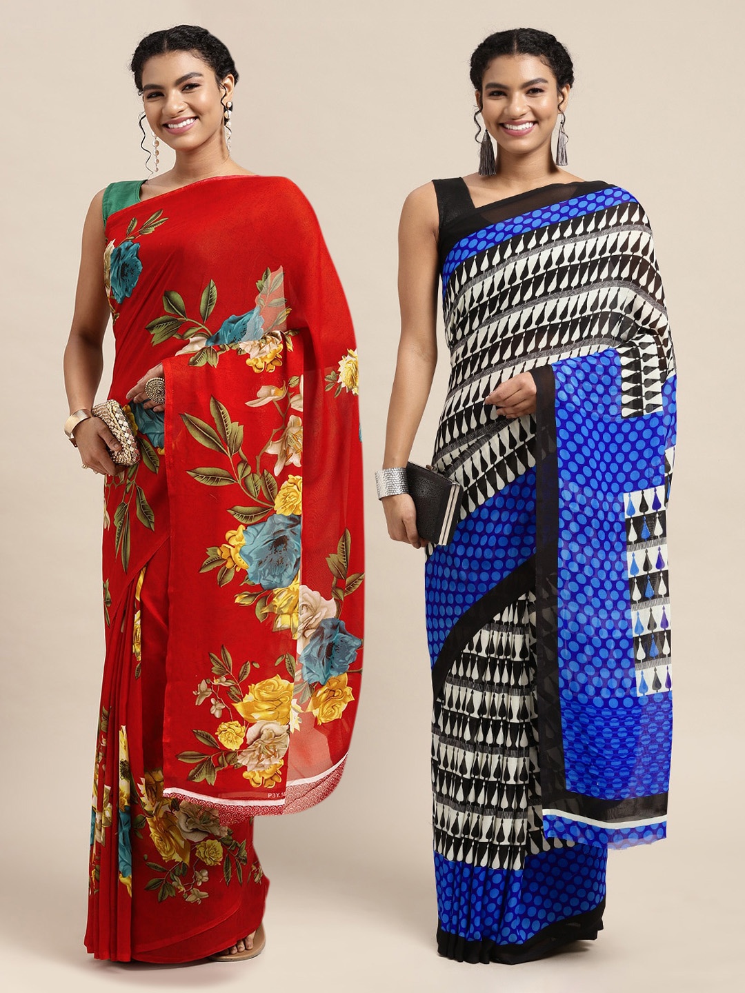 

KALINI Red & Blue Printed Pure Georgette Saree