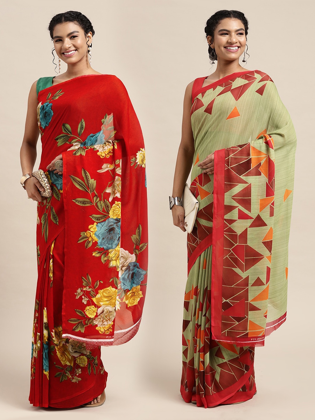 

KALINI Green & Red Printed Pure Georgette Saree