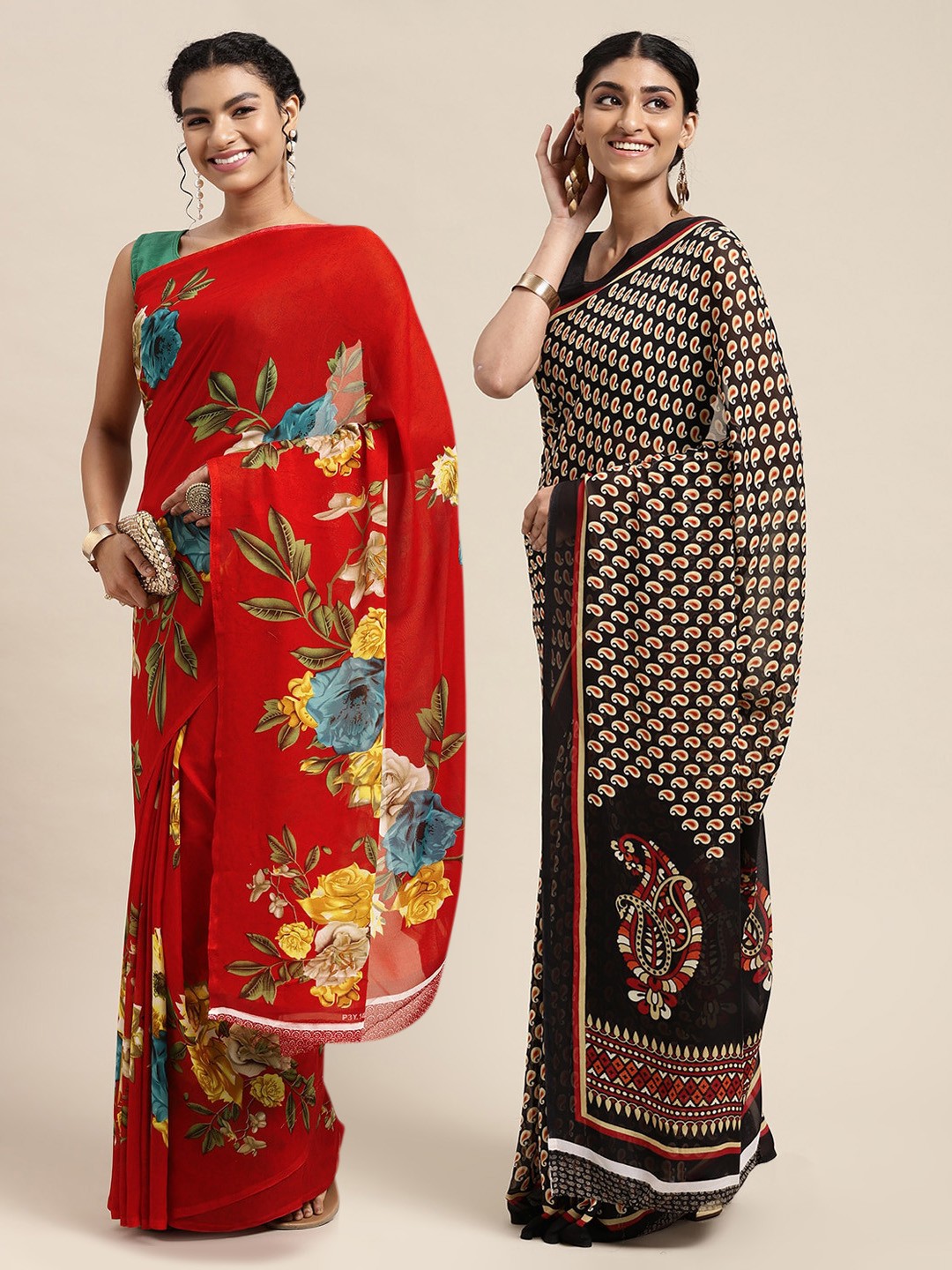 

KALINI Red & Black Printed Pure Georgette Saree