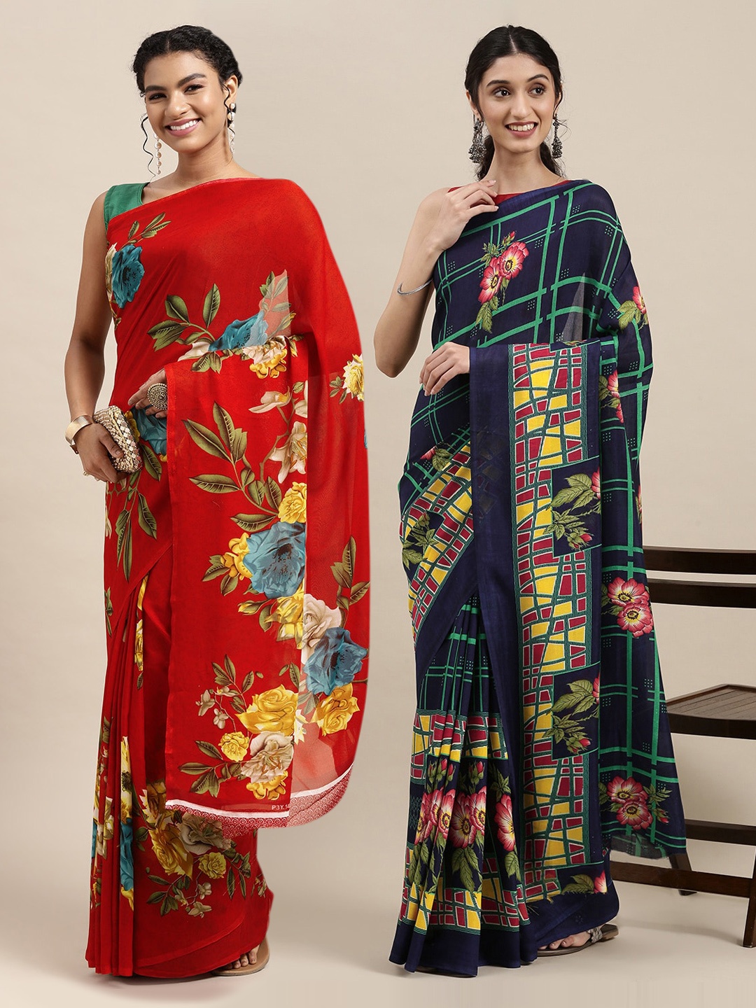 

KALINI Red & Navy Blue Printed Pure Georgette Saree