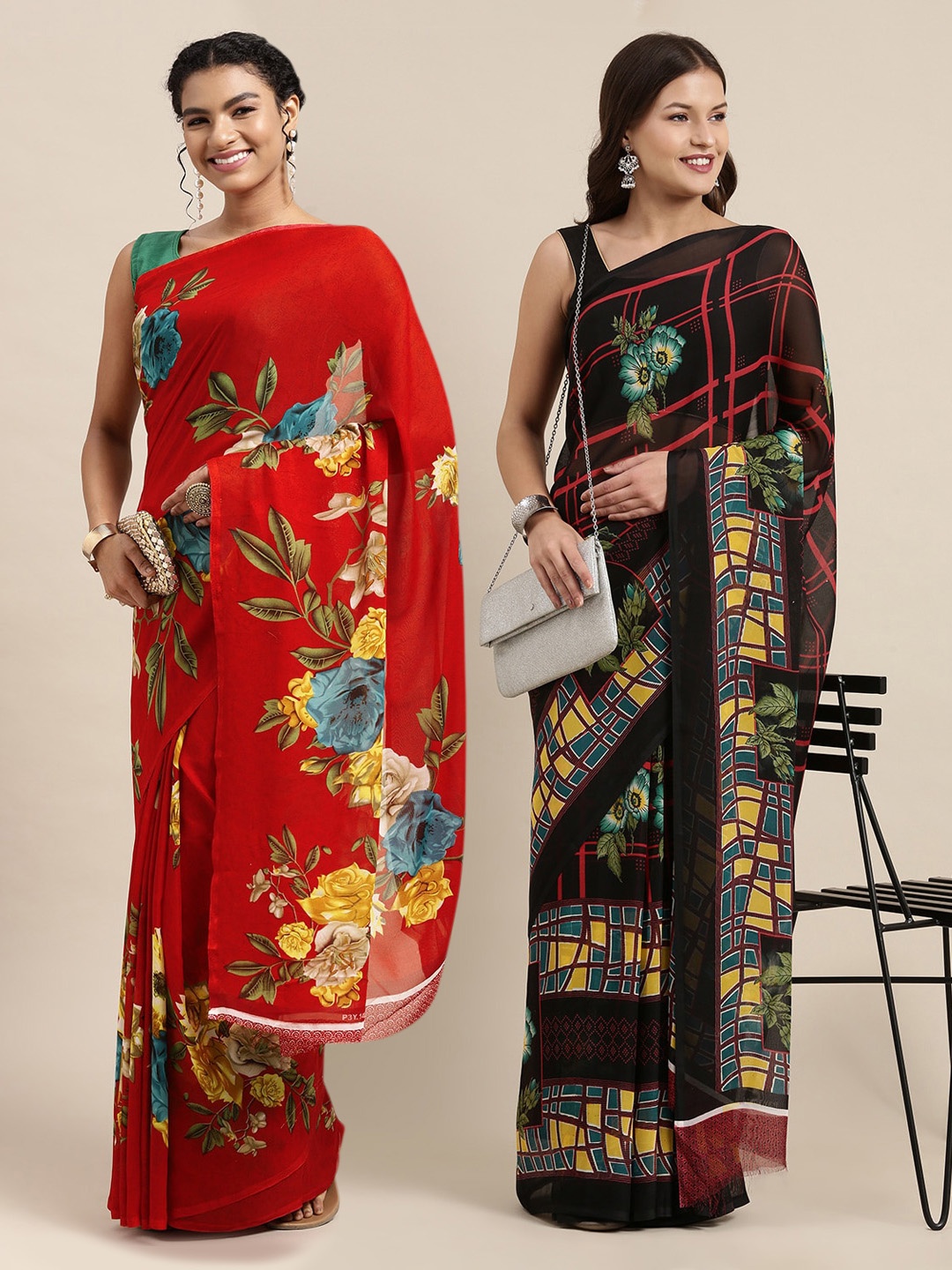 

KALINI Red & Black Floral Pure Georgette Saree