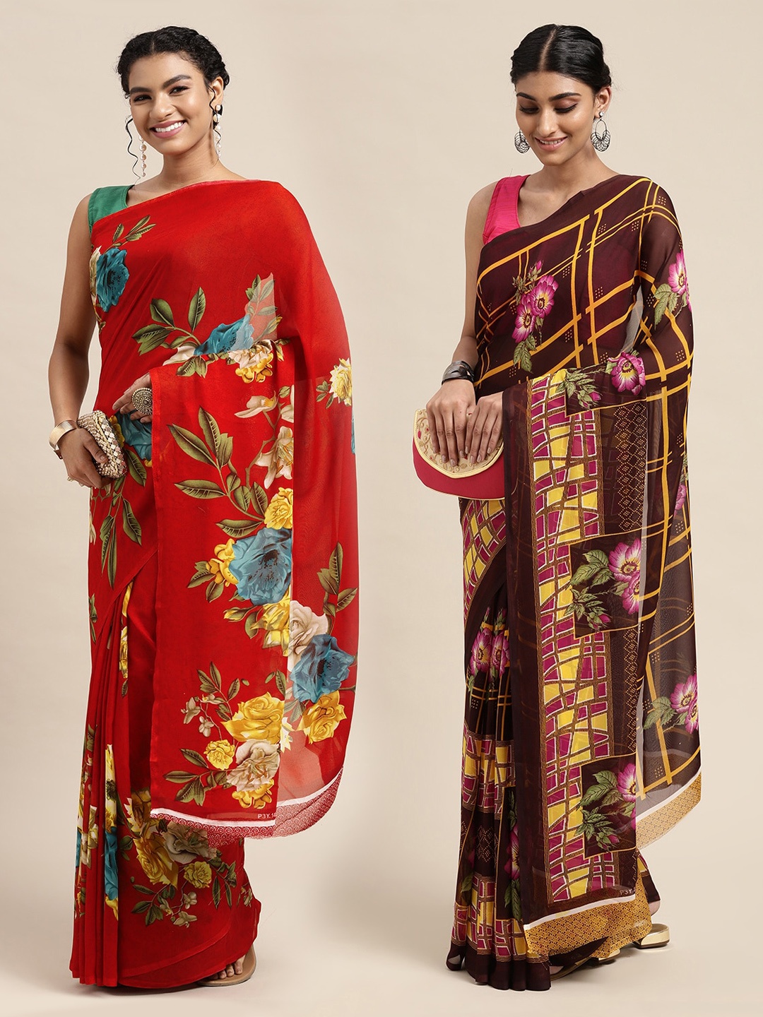 

KALINI Brown & Red Printed Pure Georgette Saree