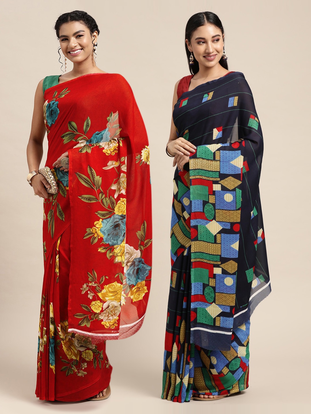 

KALINI Red & Navy Blue Printed Pure Georgette Saree