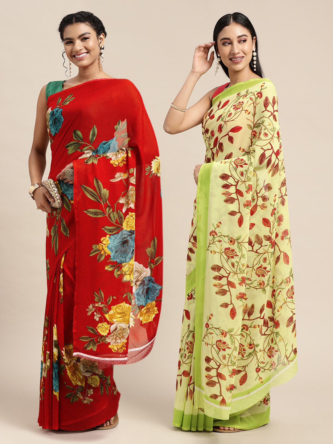 

KALINI Red & Yellow Floral Pure Georgette Saree