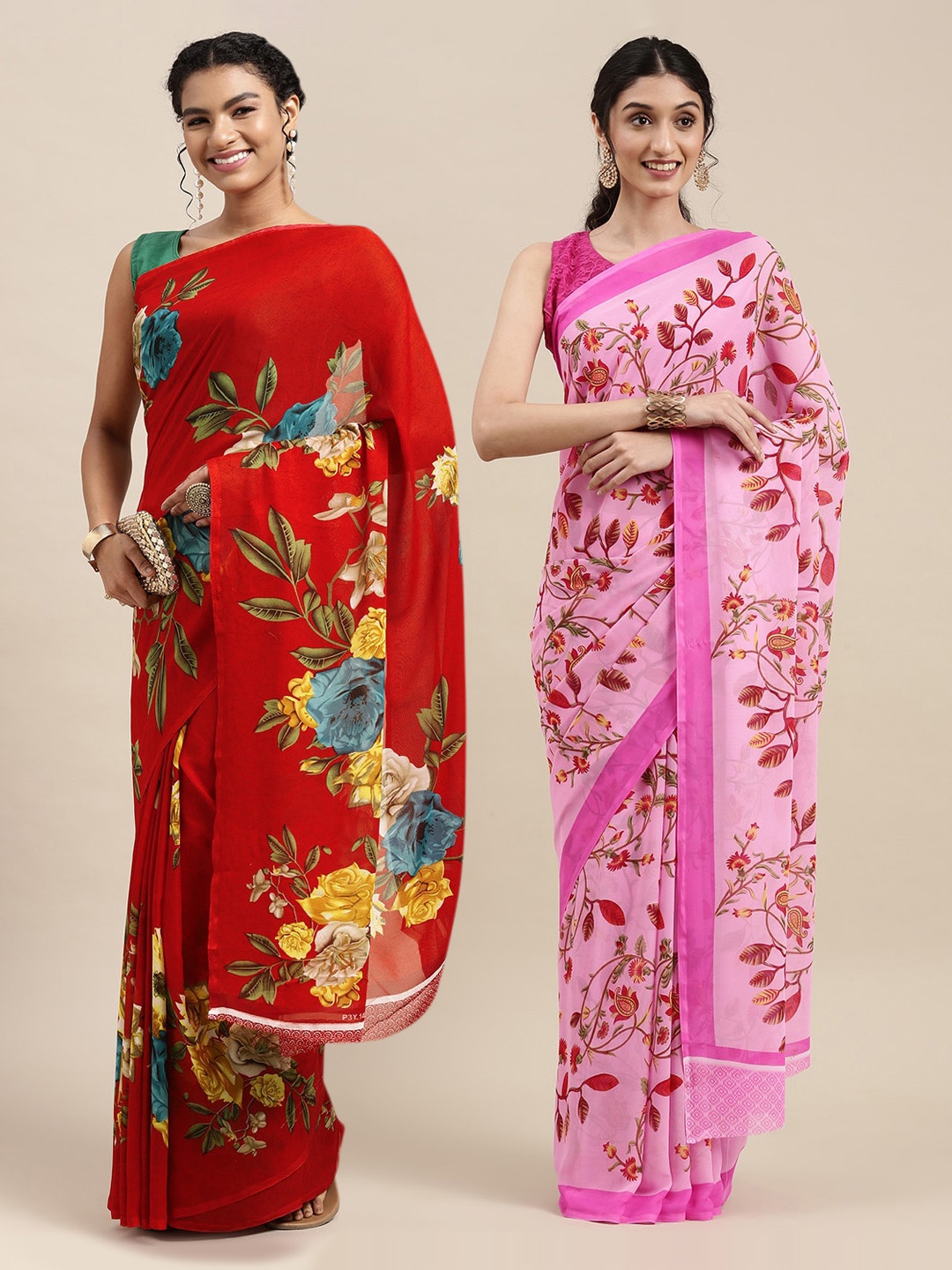 

KALINI Red & Pink Set of 2 Poly Georgette Sarees