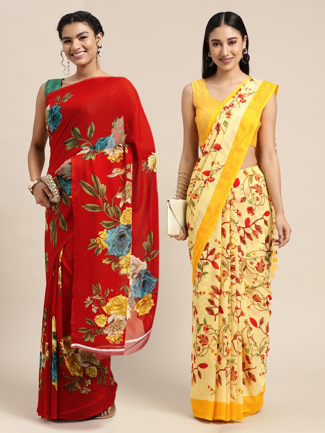 

KALINI Pack of 2 Floral Printed Sarees, Red