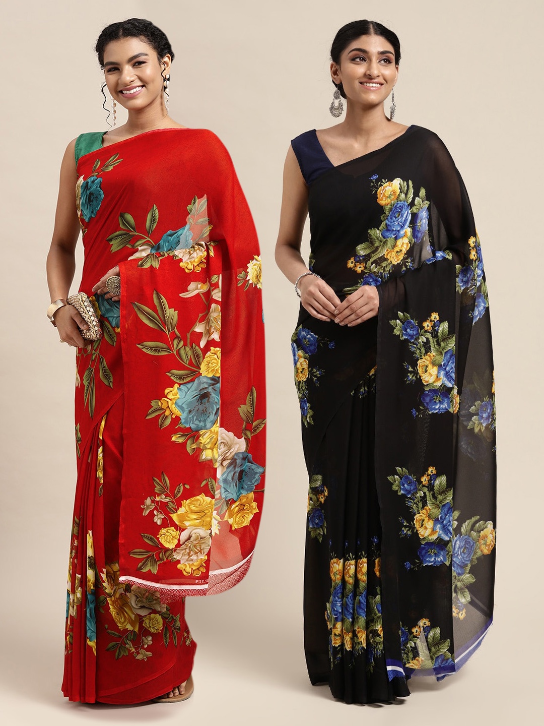 

KALINI Set of 2 Red & Black Floral Saree