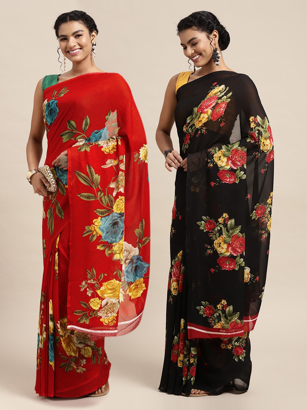 

KALINI Pack of 2 Printed Sarees, Red