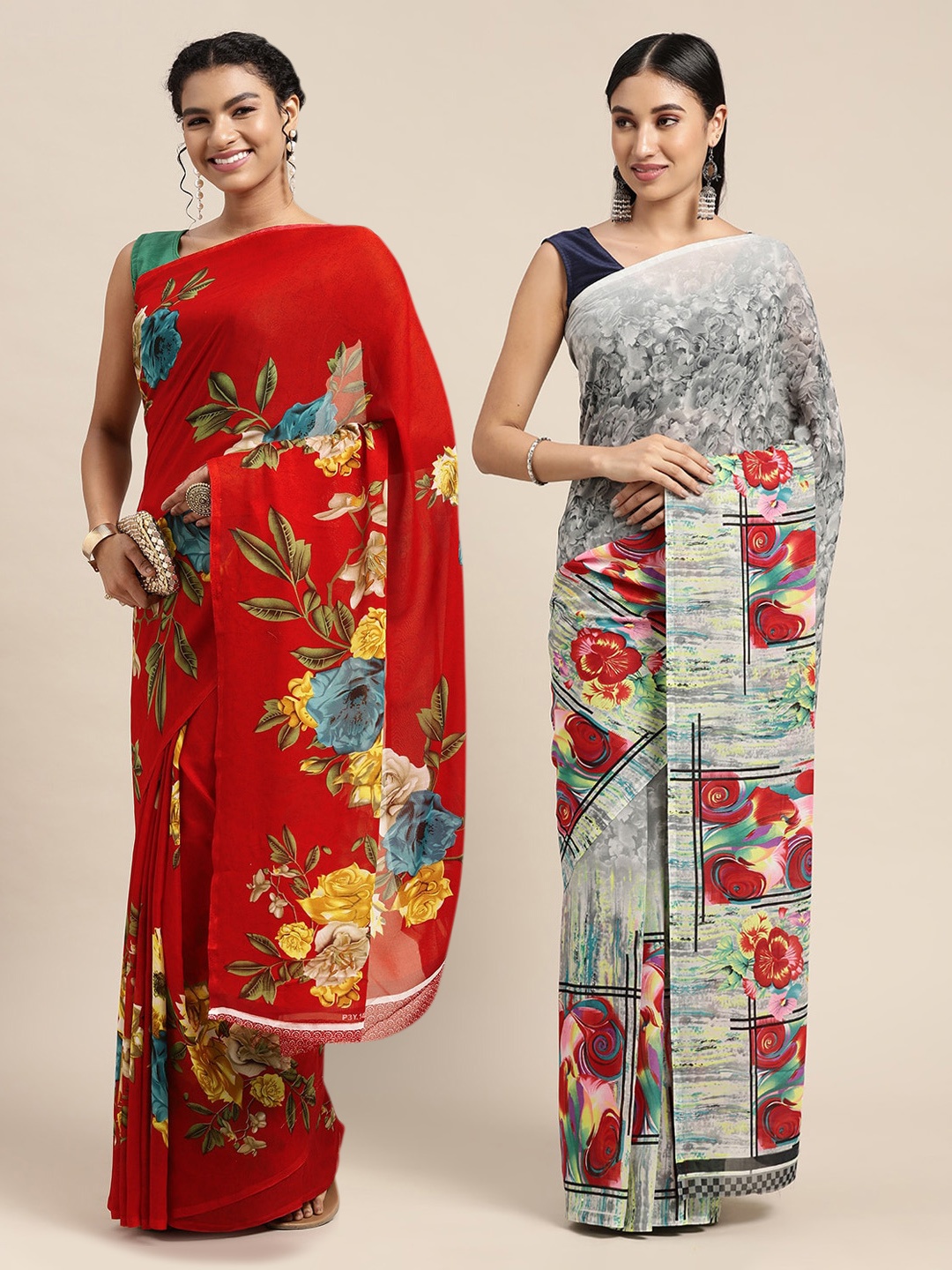 

KALINI Women Pack Of 2 Printed Sarees, Red