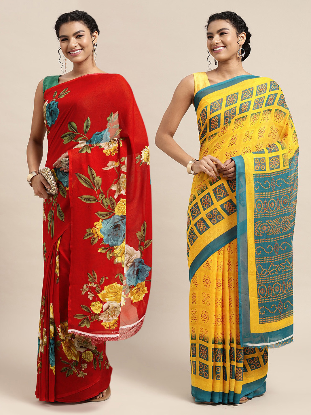 

KALINI Pack of 2 Printed Sarees, Red