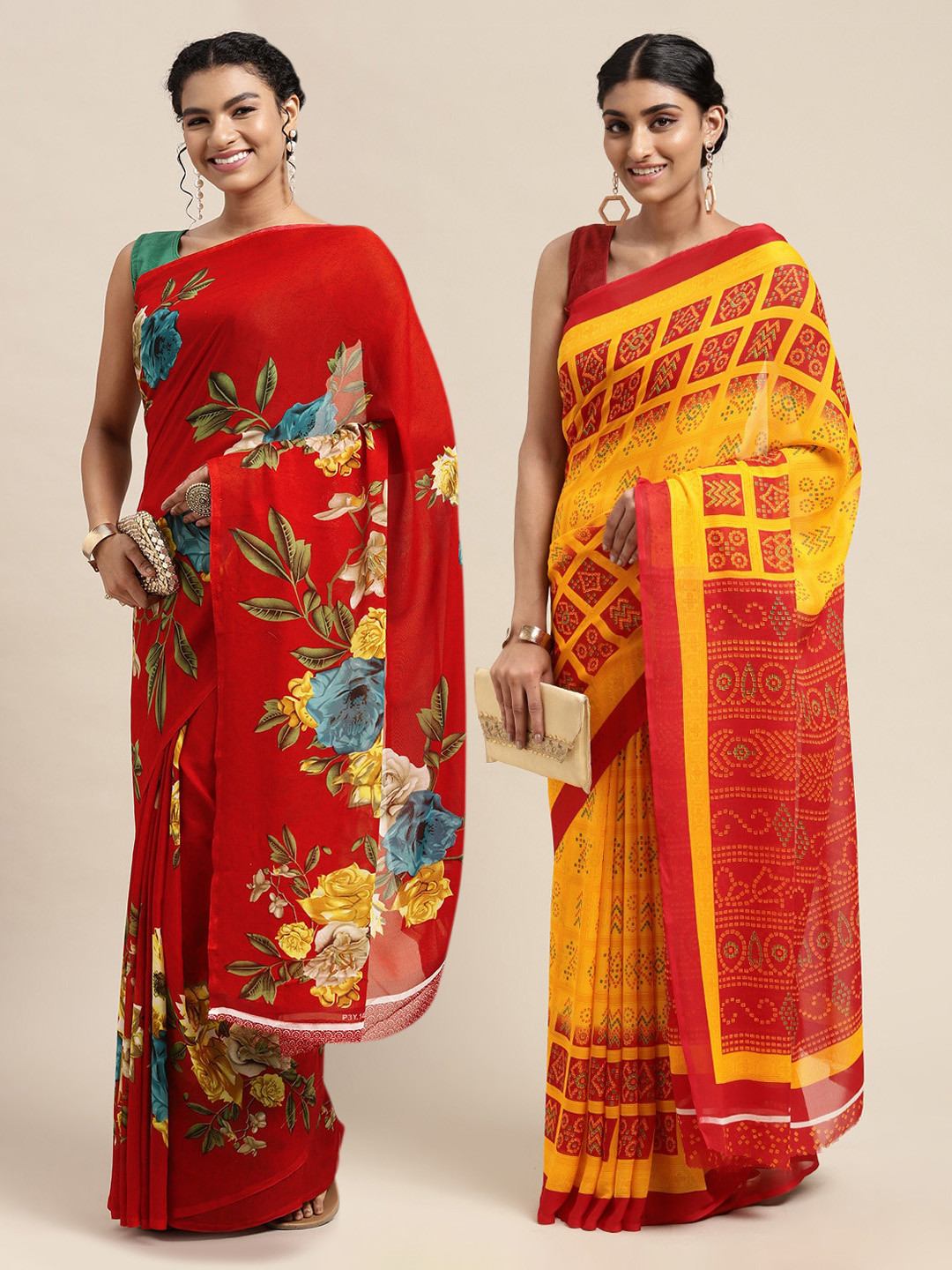 

KALINI Pack Of 2 Red & Blue Printed Sarees