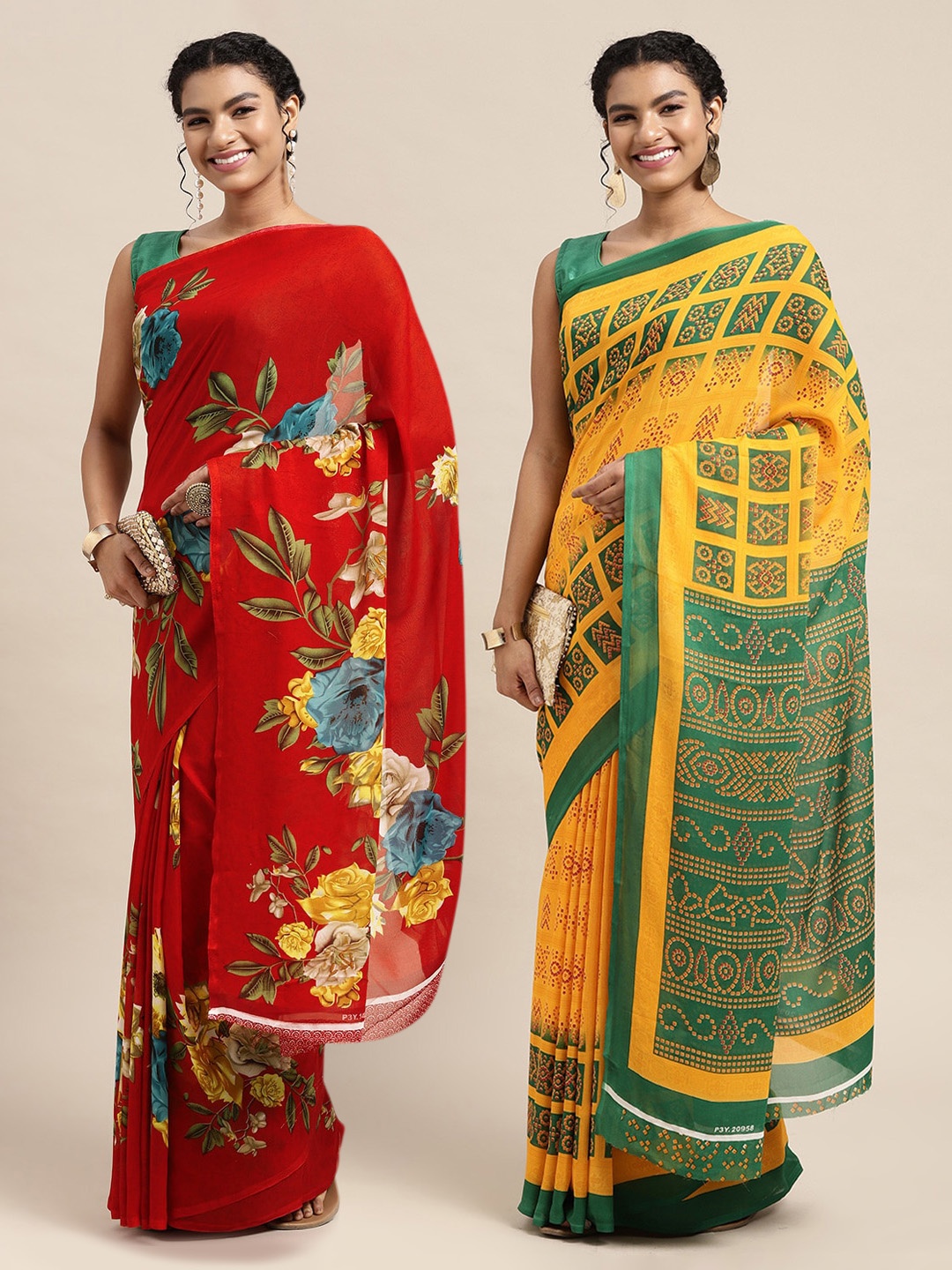 

KALINI Pack of 2 Red & Yellow Printed Saree