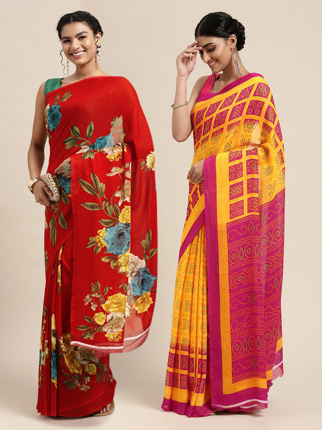 

KALINI Red & Pink Set of 2 Poly Georgette Sarees
