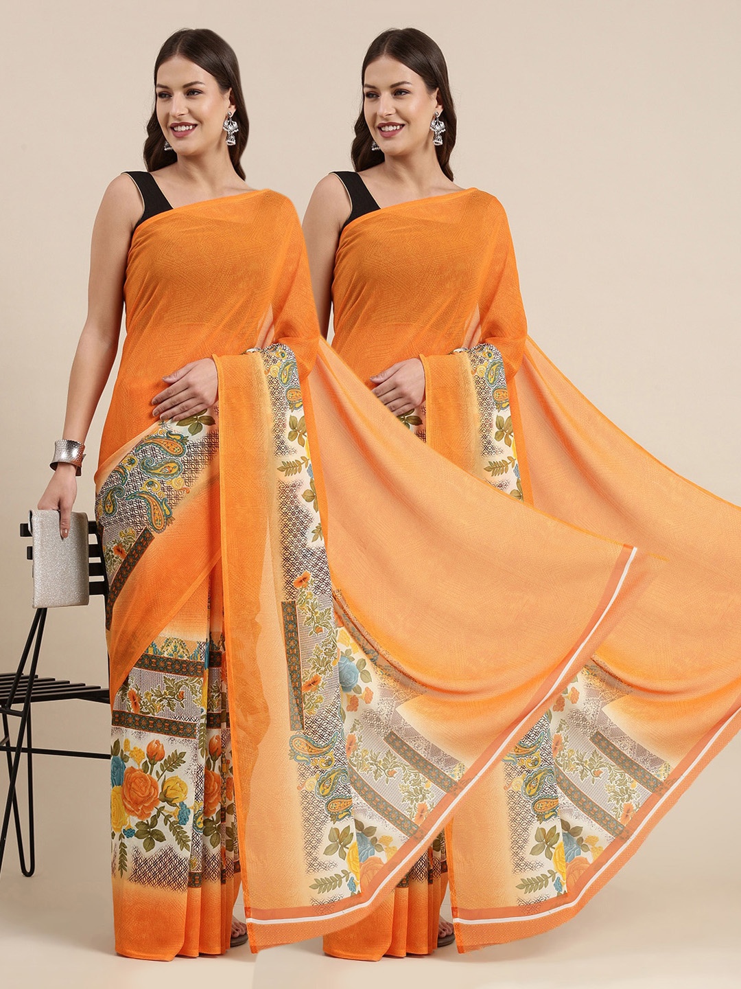 

KALINI Pack of 2 Printed Floral Sarees, Orange