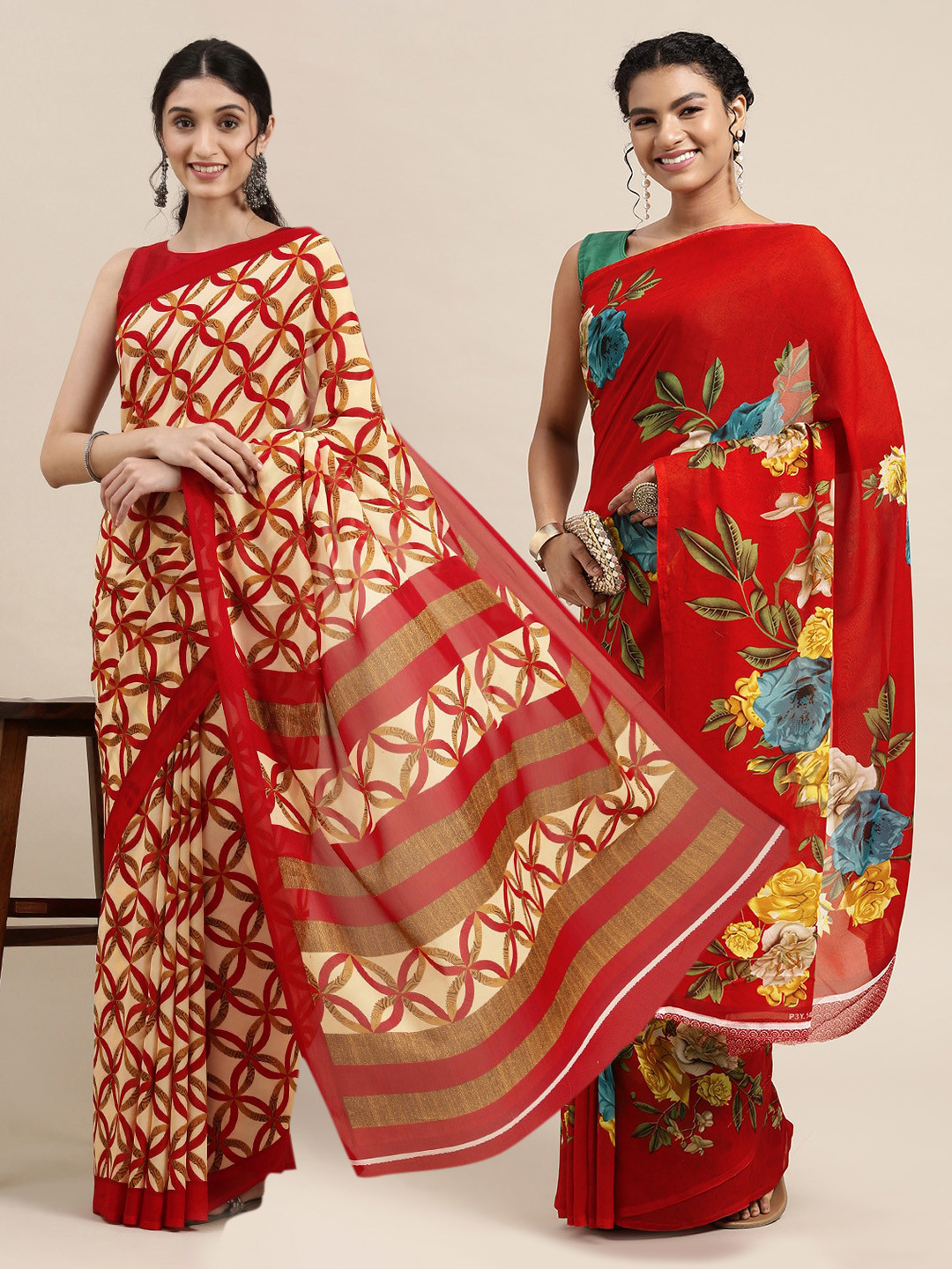 

KALINI Set of 2 Printed Poly Georgette Saree, Red