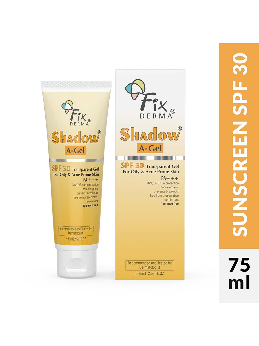 

FIXDERMA Shadow A-Gel SPF 30 Non-Oily Sunscreen for Acne Prone Skin - 75ml, White