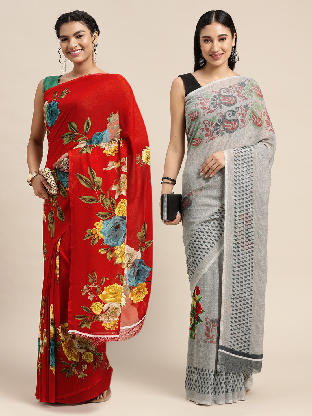 

KALINI Pack of 2 Printed Sarees, Red