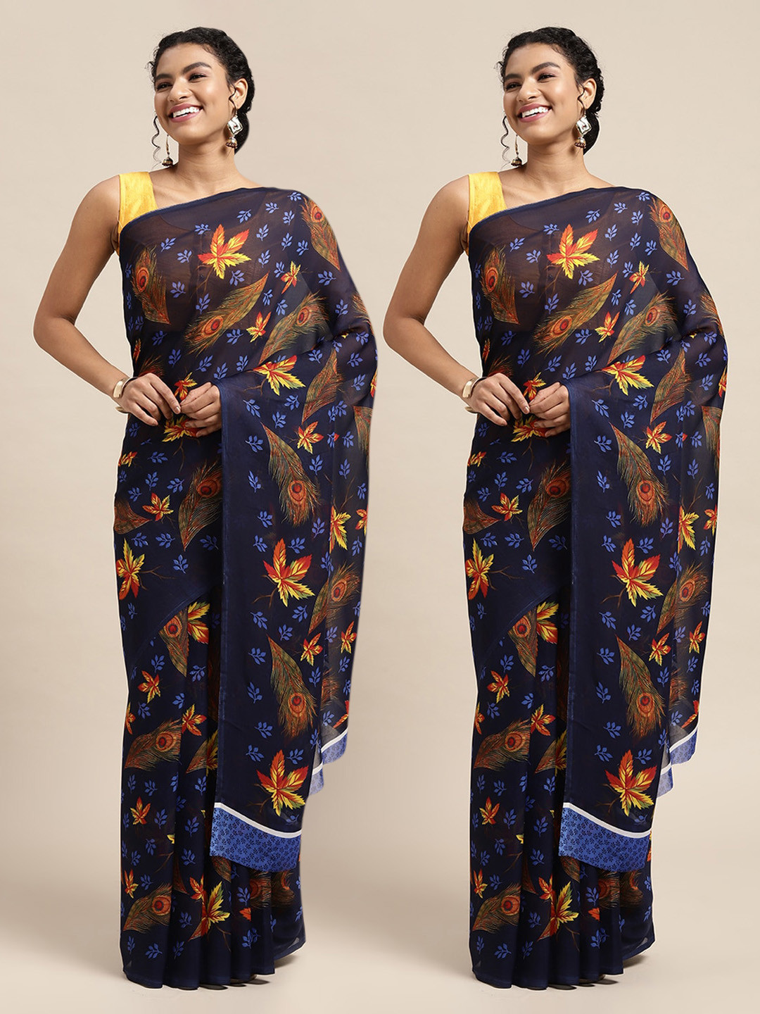 

KALINI Pack Of 2 Yellow & Navy Blue Printed Sarees