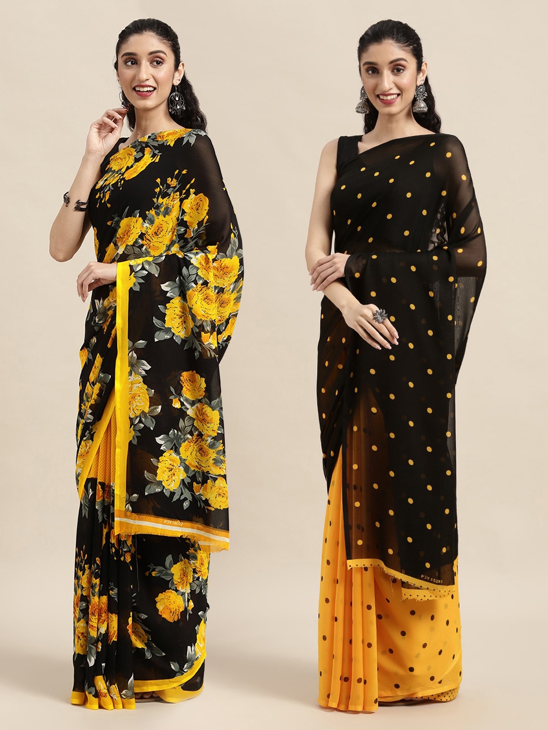 

ANAND SAREES Pack of 2 Black & Yellow Printed Saree