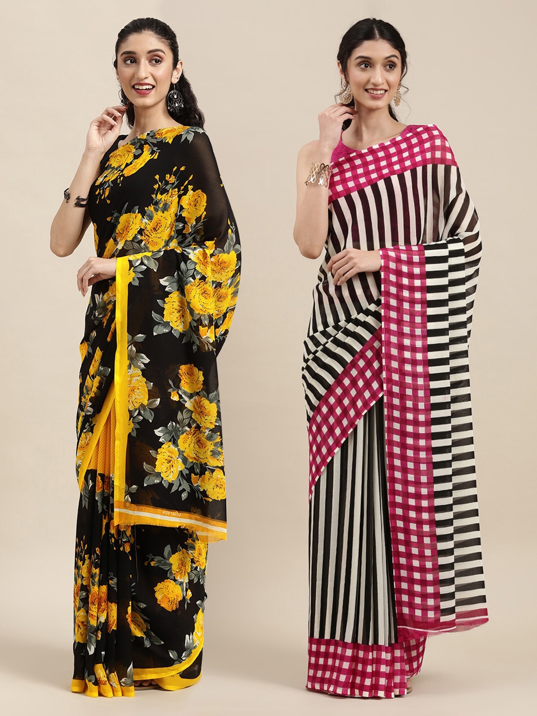 

KALINI Pack of 2 Printed Sarees, Black