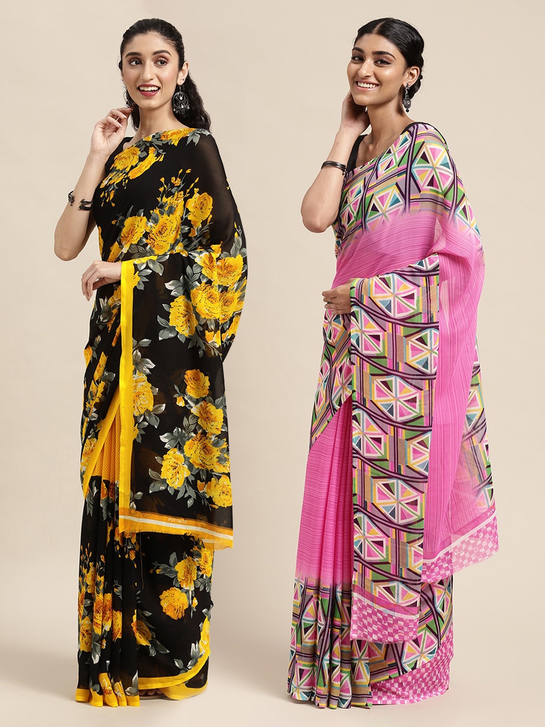 

KALINI Women Pack Of 2 Printed Sarees, Black